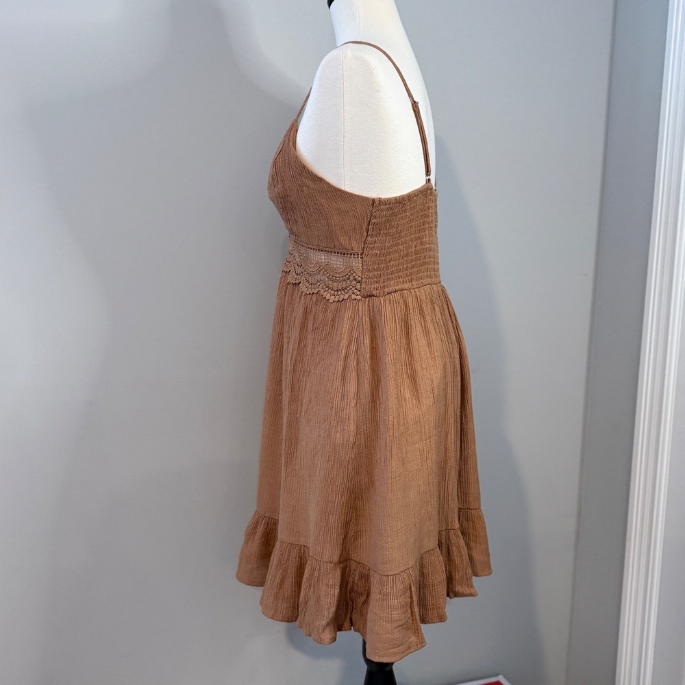 Love Tree Womens Dress Brown Crochet Waist Ruffle Hem Spaghetti Strap L - Picture 4 of 13